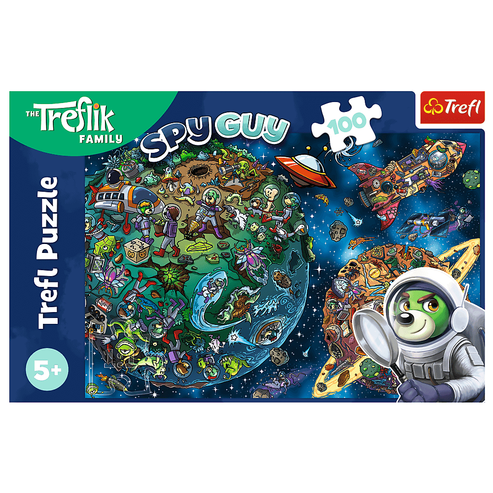 Trefl Spy Guy Puzzle. Ein grüner Planet mit Außerirdischen. Raketenschiff und Bärenastronaut mit Lupe vorhanden.