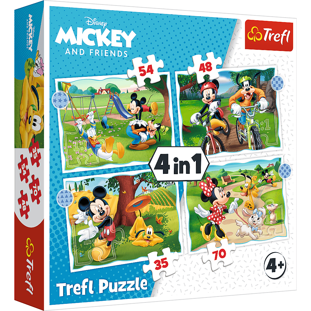 Pudełko z puzzlami Mickey i Przyjaciele. Pokazuje cztery puzzle z Miki, Minnie, Donaldem, Goofym i Plutonem w różnych scenach.