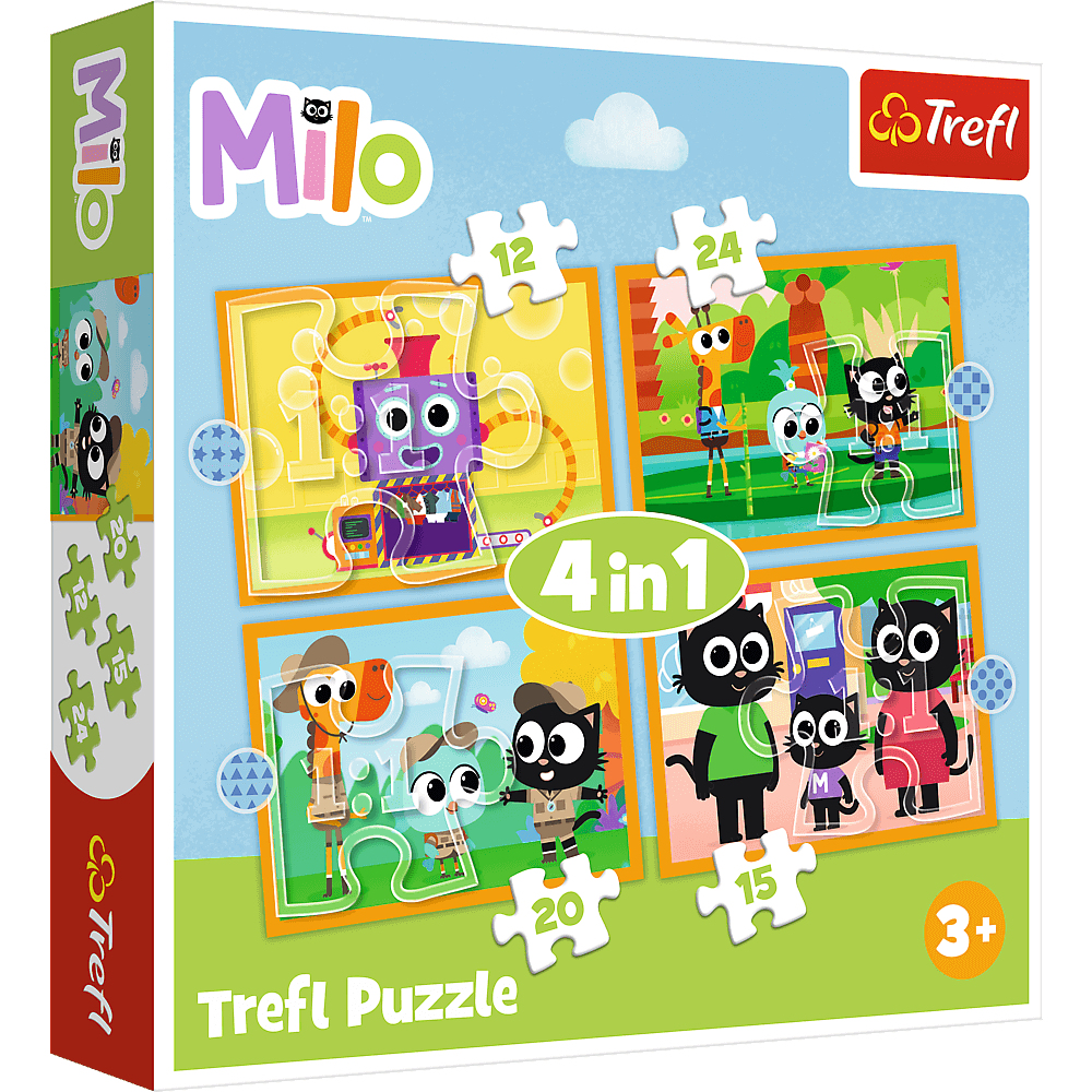Puzzeldoos met Milo-personages. Robots, katten en giraf in cartoonstijl. De doos heeft het Trefl-logo en is voor kinderen van 3+.
