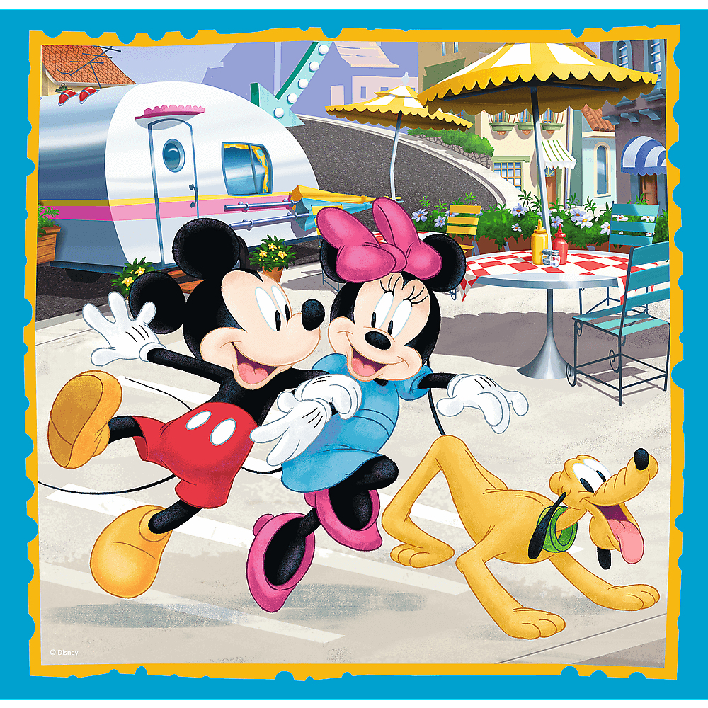 Mickey y Minnie Mouse caminan con Pluto en una escena de dibujos animados. Una caravana y mesas de café están en el fondo. La imagen tiene un borde azul.