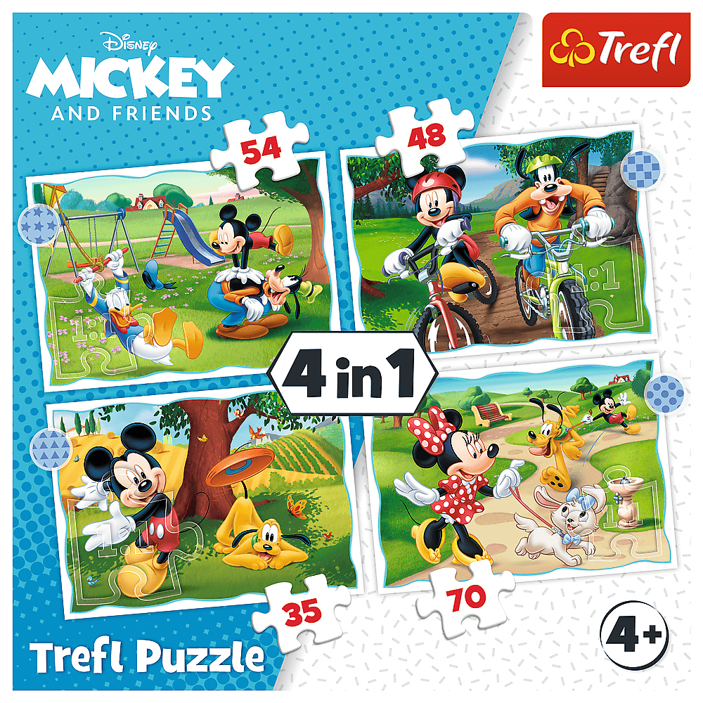 Puzzle z Myszka Miki. Sceny obejmują Myszka Miki, Minnie, Goofy'ego, Kaczora Donalda i Plutona w różnych plenerach. Puzzle 4 w 1.