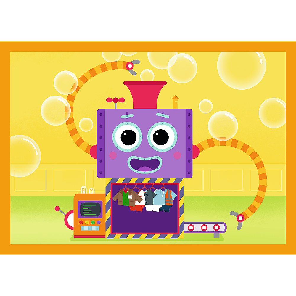 Een stripfiguurrobot met een paars gezicht, die kleding vasthoudt. Bubbels zweven eromheen. De achtergrond is geel met witte vierkanten.