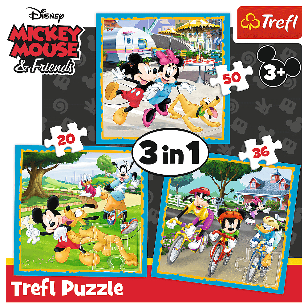 Un rompecabezas Trefl con Mickey Mouse y sus amigos. Tiene tres rompecabezas en uno, con personajes como Mickey, Minnie, Pluto y Donald.