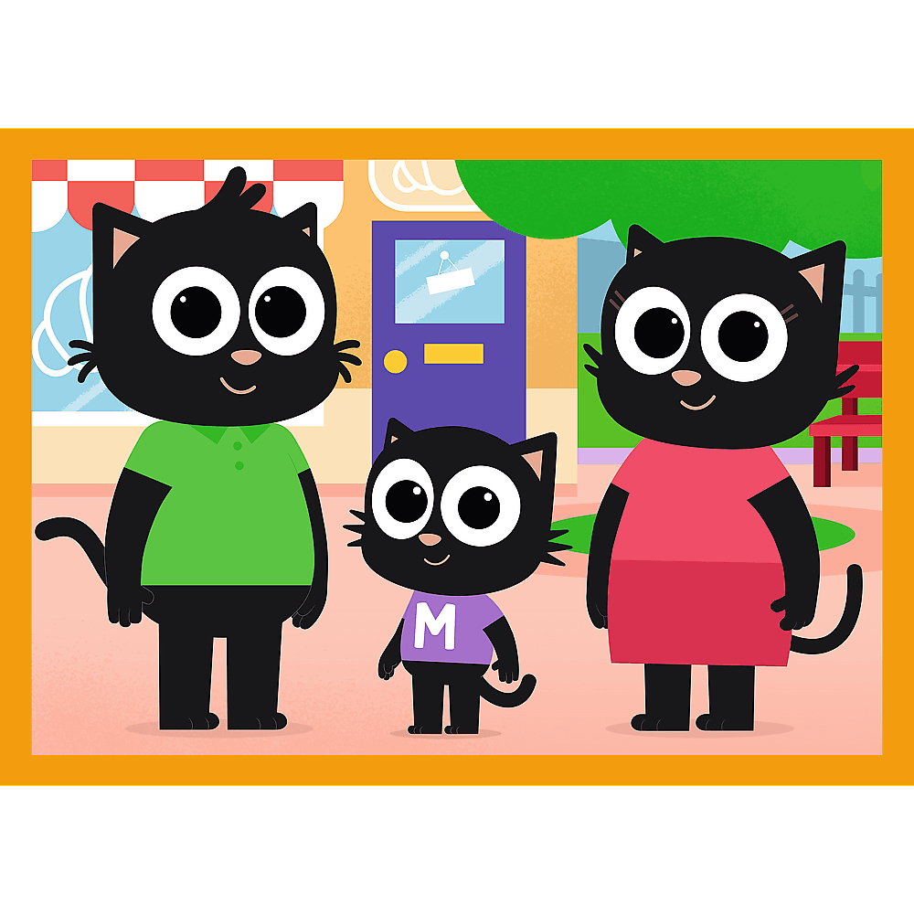 Cartoon kattenfamilie: papa in groen, mama in roze, en kind in paars shirt met 'M'. Achtergrond: winkel, boom, bank.