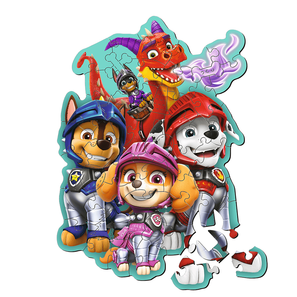 Ein Paw Patrol-Puzzle mit Cartoon-Hunden in Ritterrüstung, einem Drachen und einer kleinen Figur, die auf dem Drachen reitet. Das Puzzle ist unvollständig.