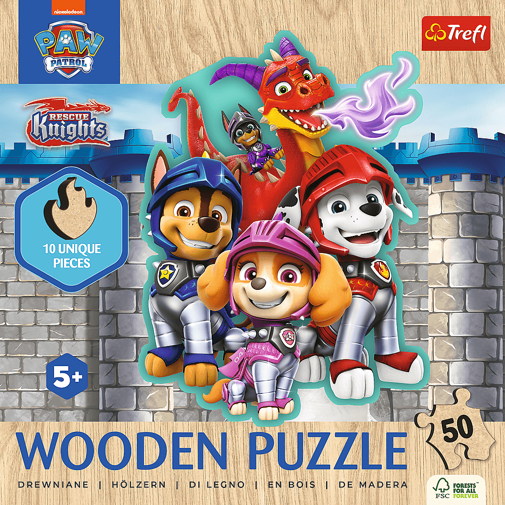 Ein Paw Patrol Holzpuzzle. Zeigt die Rescue Knights. Zeigt die Welpen, einen Drachen und eine Burg im Hintergrund.
