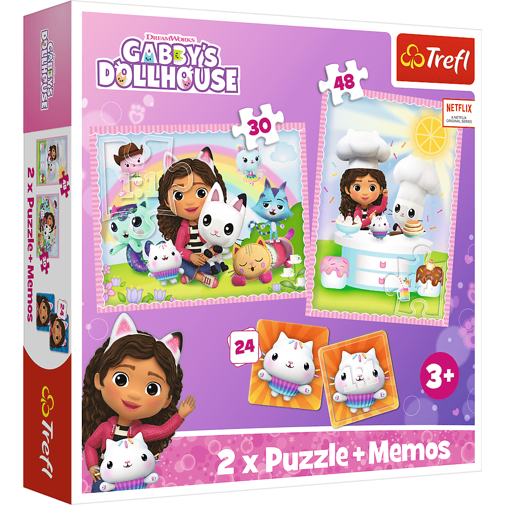 Pudełko z puzzlami Gabby's Dollhouse. Zawiera Gabby, koty i elementy układanki. Pudełko jest różowe i fioletowe z logo Trefl.