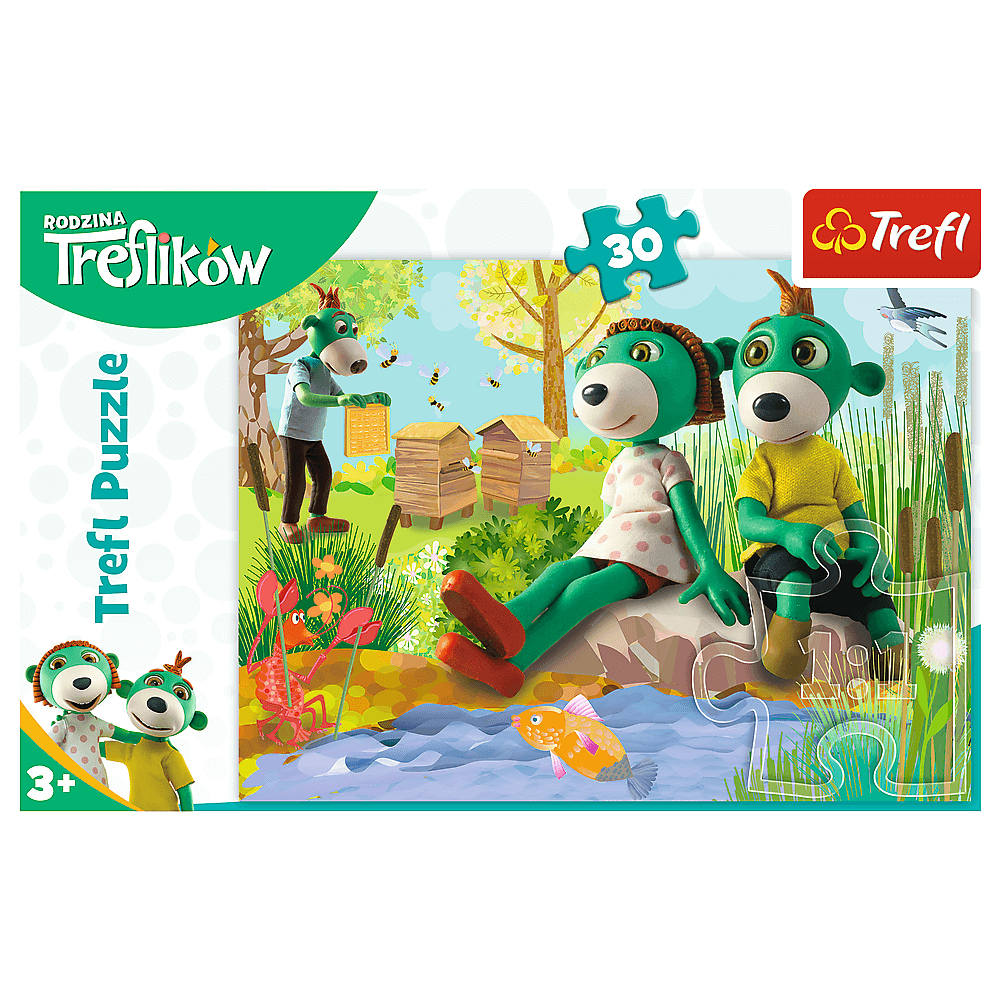 Ein Trefl-Puzzle zeigt Cartoon-Bären in der Nähe eines Teichs mit Fischen. Bienen fliegen in der Nähe von Bienenstöcken, und ein weiterer Bär arbeitet an einem Bienenstock.