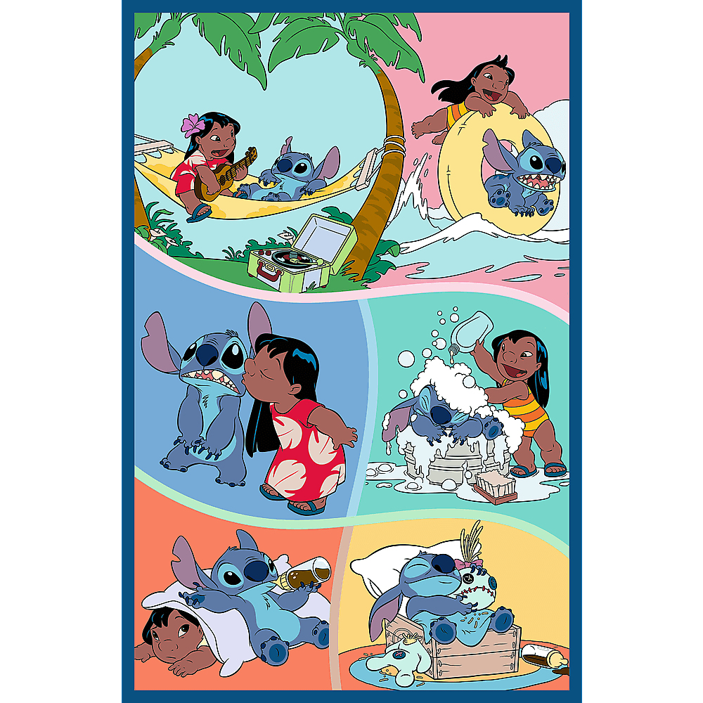 Lilo en Stitch in verschillende scènes: gitaar spelen, op het strand, kussen, wassen en slapen. Kleurrijke tekenfilmstijl.