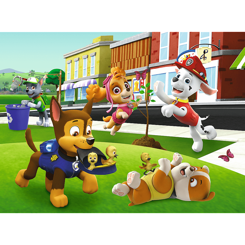 Paw Patrol-personages in een stadsgezicht. Chase, Skye, Marshall, Rubble en Rocky worden in verschillende acties getoond.