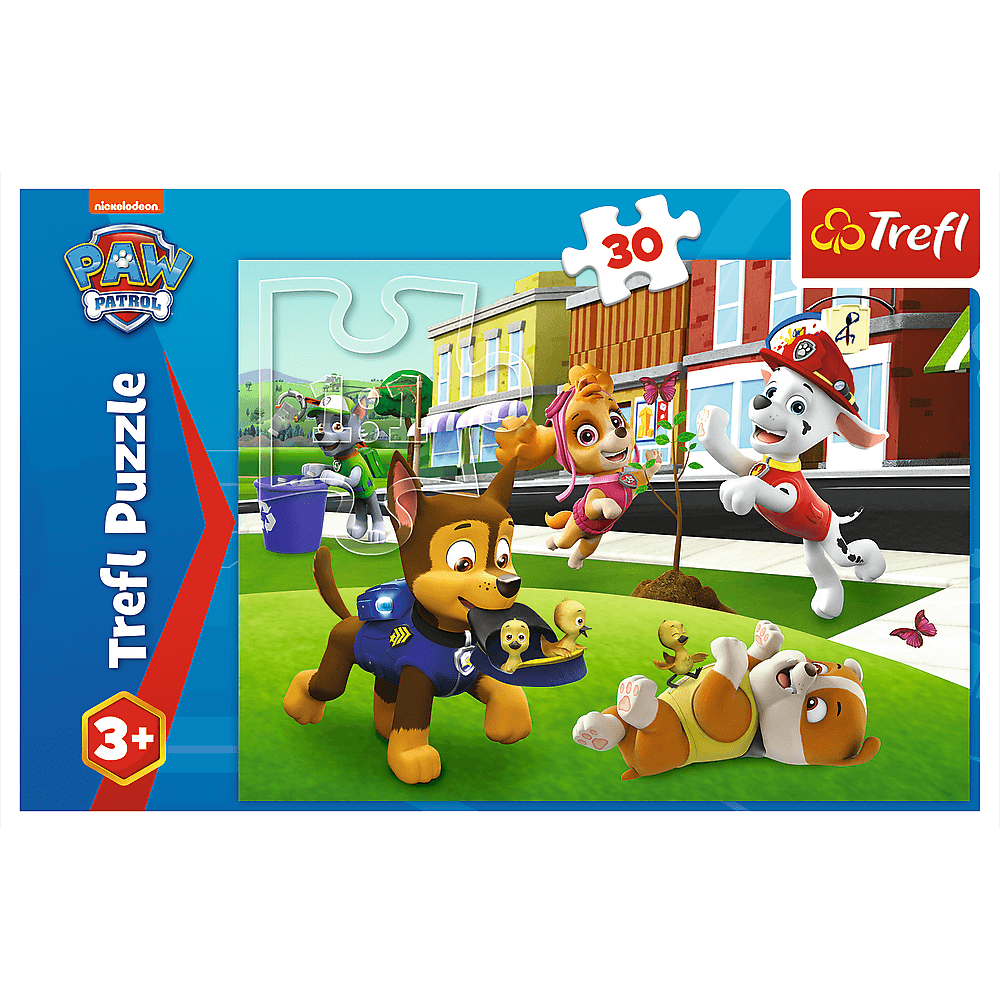 Paw Patrol puzzel. Chase, Skye, Marshall en Rubble spelen in een stad. De puzzel heeft 30 stukjes en is voor kinderen vanaf 3 jaar.
