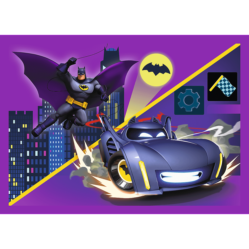 Batman in vlucht met de Batmobile. Skyline achtergrond, gele accenten en gele maan met vleermuissymbool.