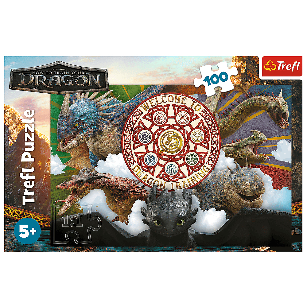 Puzzeldoos toont verschillende draken, de filmtitel en puzzelstukjes. Het heeft een 'Welkom bij Draken Training' grafische weergave.