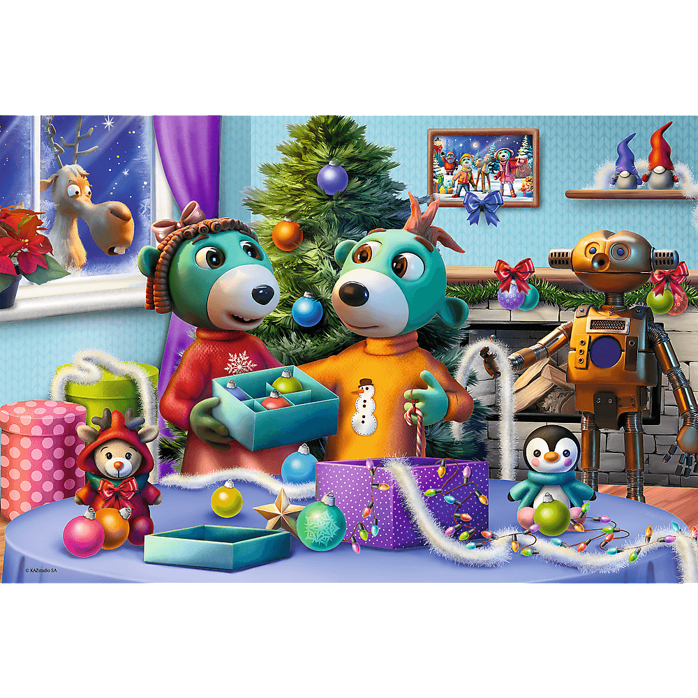 Festliche Szene mit Bärenfiguren, die einen Weihnachtsbaum mit Ornamenten schmücken. Ein Roboter und ein Pinguin sind ebenfalls vorhanden.