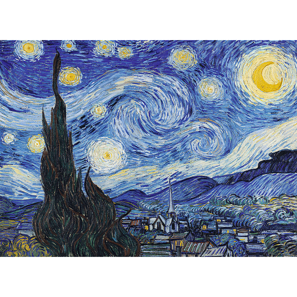 Ein Gemälde der Sternennacht. Wirbelnder blauer Himmel mit hellen Sternen und Mond. Ein dunkler Baum im Vordergrund. Dorf mit Kirche im Hintergrund.