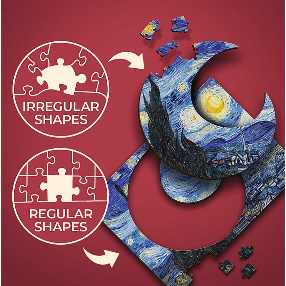 Puzzleteile bilden Van Goghs Sternennacht, umgeben von Kreisen, die unregelmäßige und regelmäßige Puzzleteile zeigen.