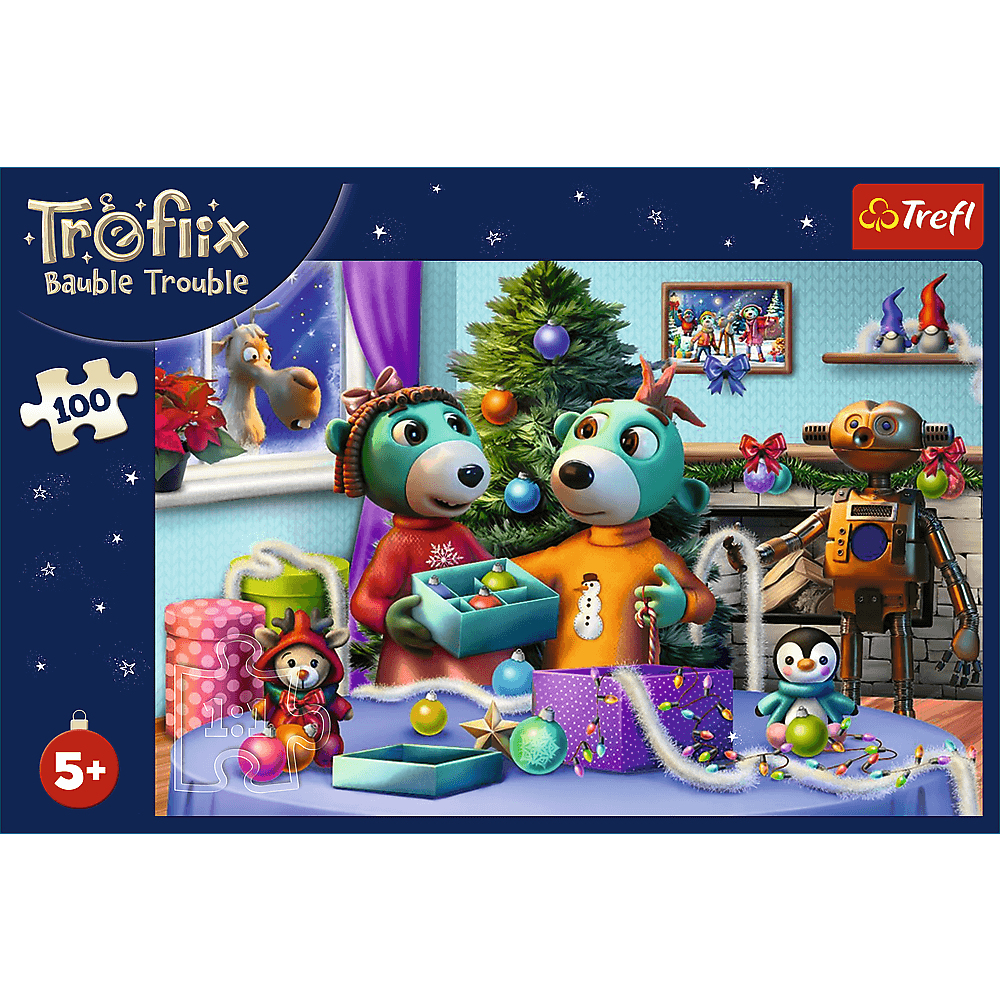 Ein weihnachtliches Puzzlespiel. Zwei bärenartige Figuren schmücken einen Baum mit Ornamenten. Ein Roboter und ein Pinguin stehen daneben. Weitere Figuren sind vorhanden.