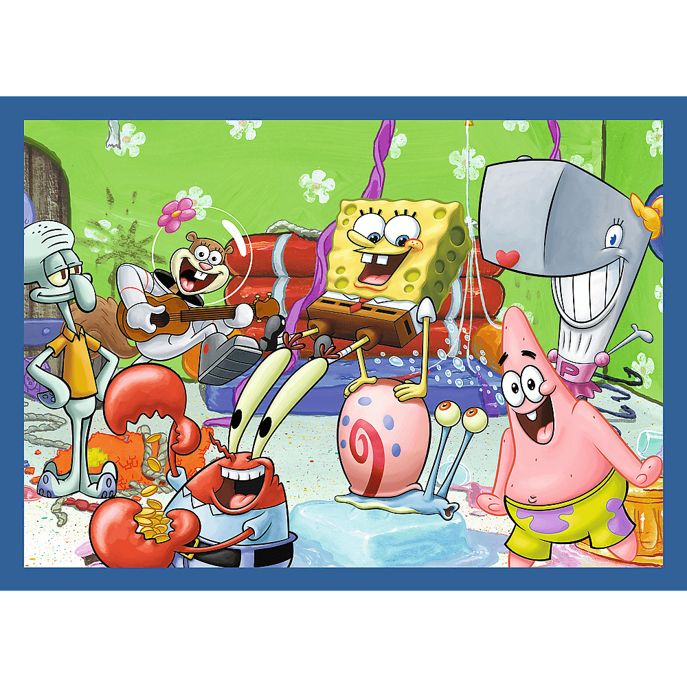 SpongeBob und Freunde sind zusammen. SpongeBob spielt Klavier, Patrick und Pearl lächeln, Sandy spielt Gitarre, Mr. Krabs hält Geld.