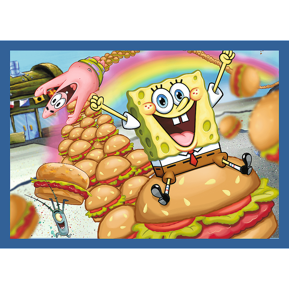 SpongeBob reitet auf einem Burger, mit Patrick, Plankton und Krabby Patties. Regenbogen im Hintergrund. Bunte Zeichentrickszene.