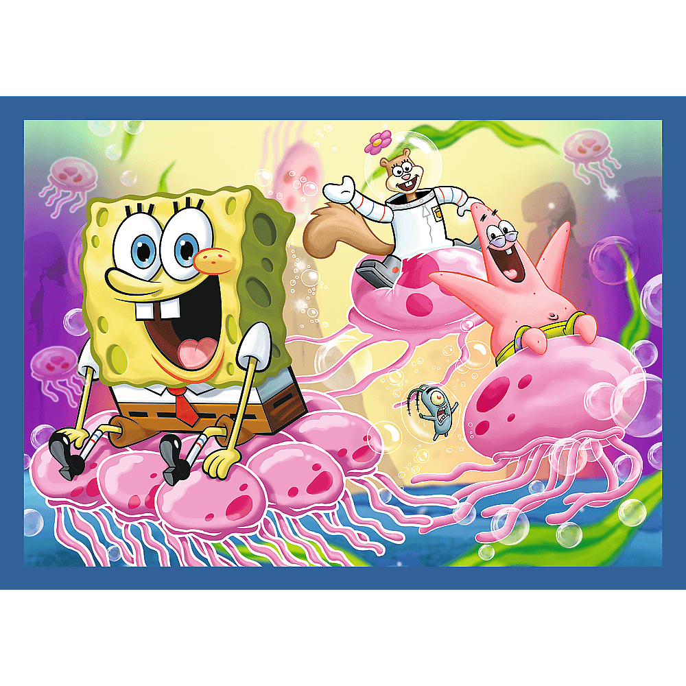 SpongeBob, Patrick, Sandy und Plankton reiten auf Quallen. Die Szene ist unter Wasser mit Blasen und anderen Quallen im Hintergrund.