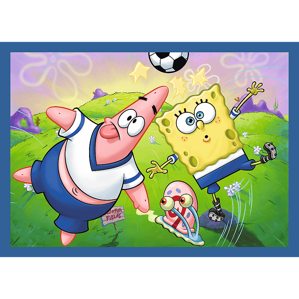 SpongeBob und Patrick spielen Fußball. Gary die Schnecke schaut zu. Der Hintergrund zeigt grüne Wiese und Cartoon-Wolken.