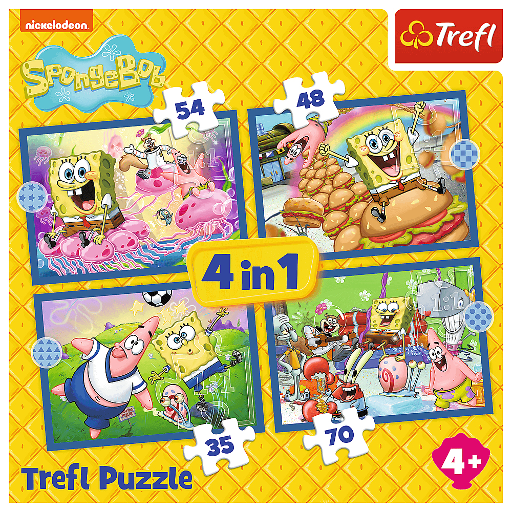 Eine SpongeBob-Puzzledose. Sie zeigt SpongeBob und seine Freunde in verschiedenen Szenen. Die Zahlen 54, 48, 35 und 70 sind auf den Puzzleteilen.