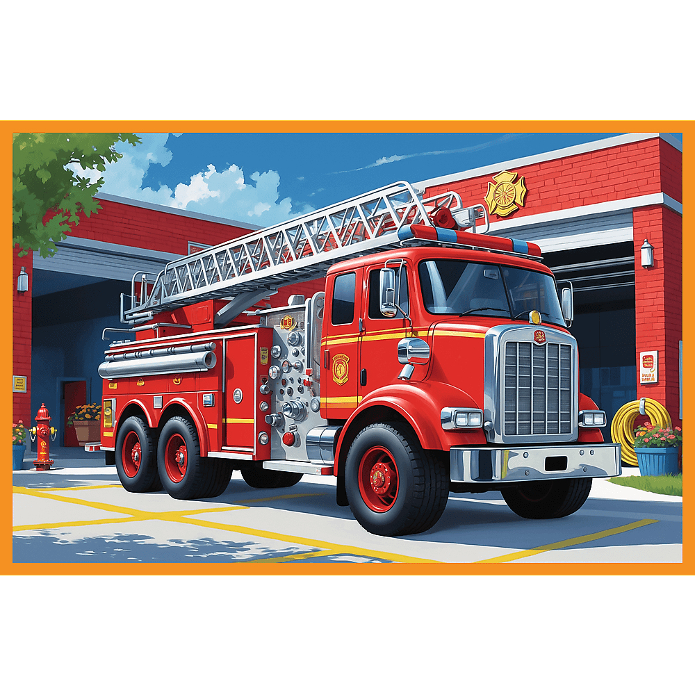 Ein rotes Feuerwehrauto mit Leiter vor einer Feuerwache aus Ziegeln geparkt. Blauer Himmel im Hintergrund.