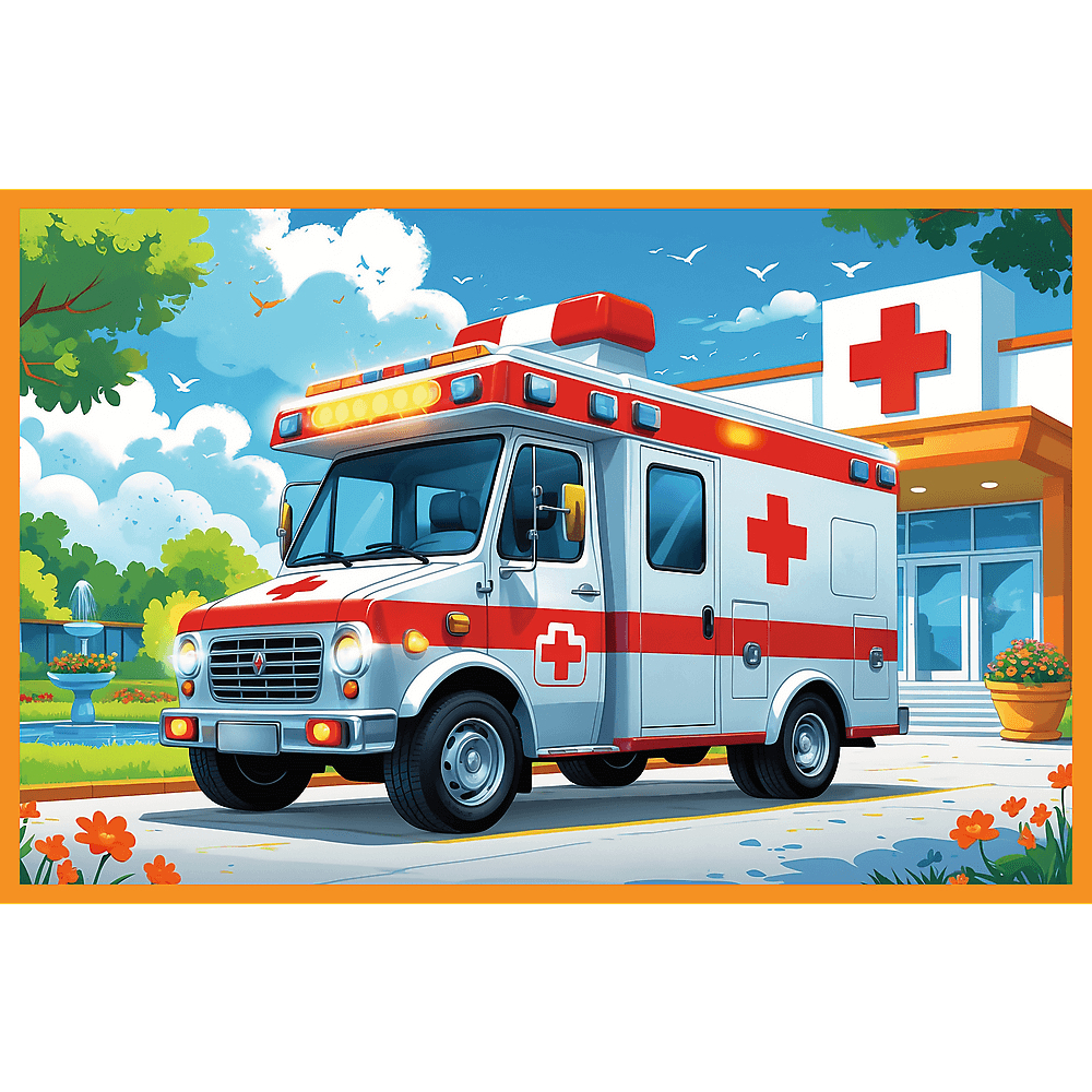 Ein Krankenwagen mit roten Kreuzen parkt vor einem Krankenhaus. Im Vordergrund Blumen und Bäume, Vögel fliegen am Himmel.