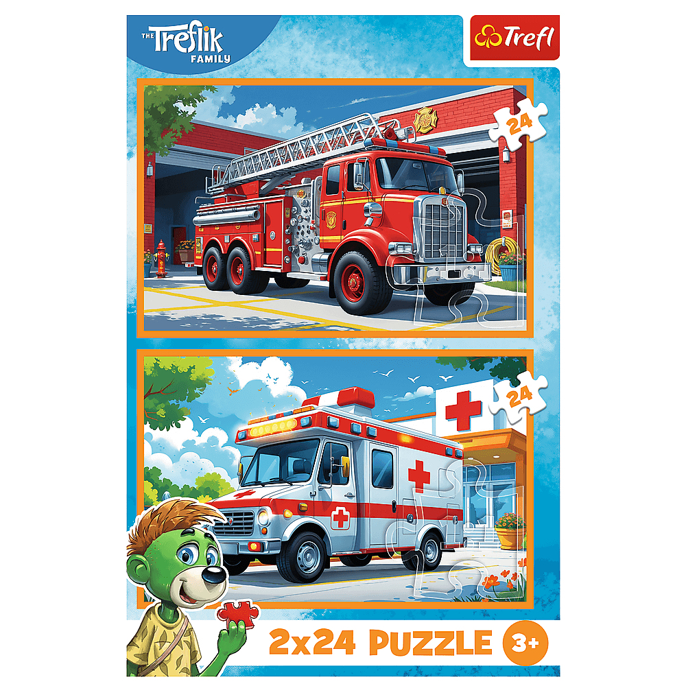 Ein Puzzle zeigt einen Feuerwehrauto und einen Krankenwagen. Ein grüner Bär hält ein Puzzleteil. Das Puzzle ist mit 2x24 und für Kinder ab 3 Jahren gekennzeichnet.