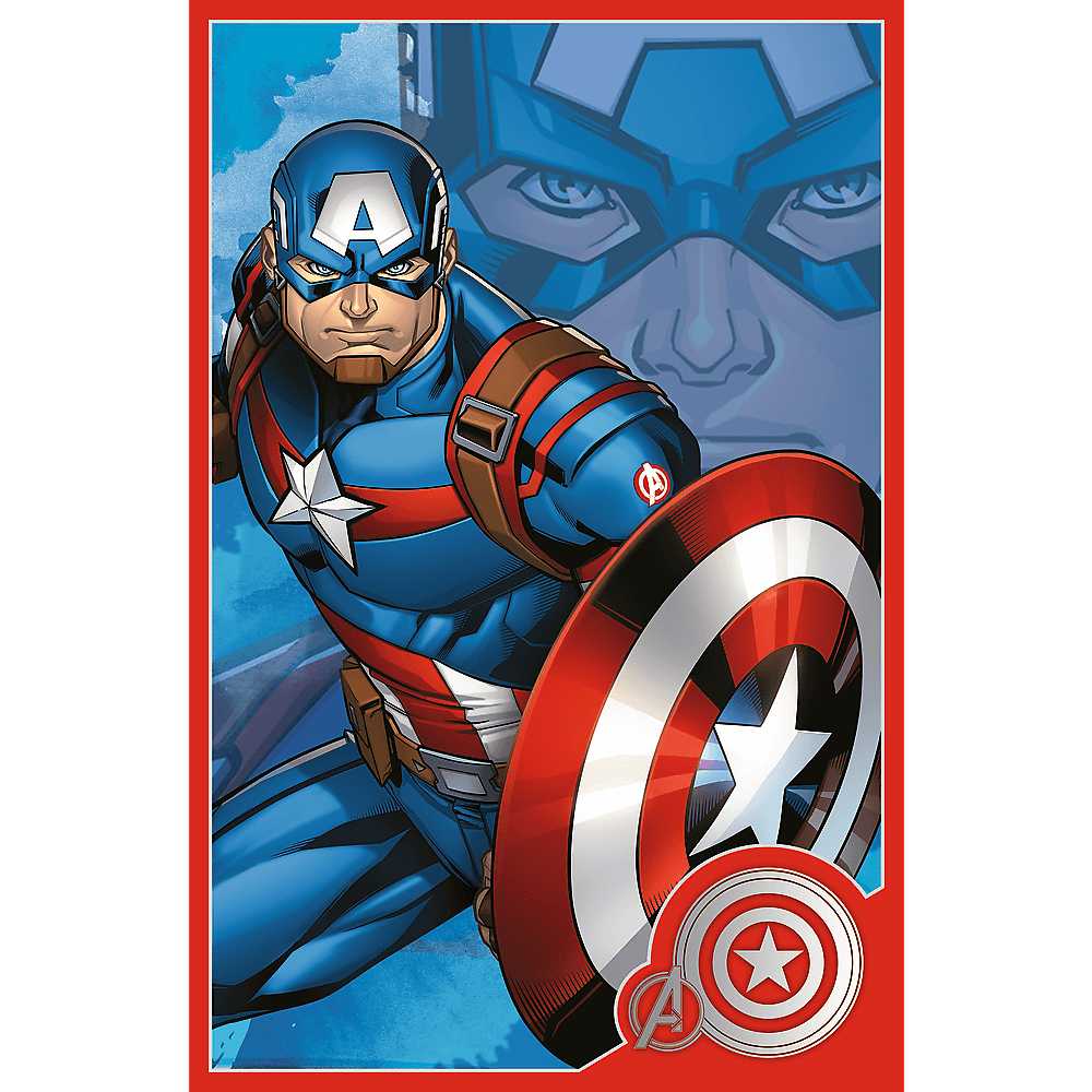 Captain America in blauw en rood pak met schild. Achtergrond toont gezicht van Captain America, rode lijst.