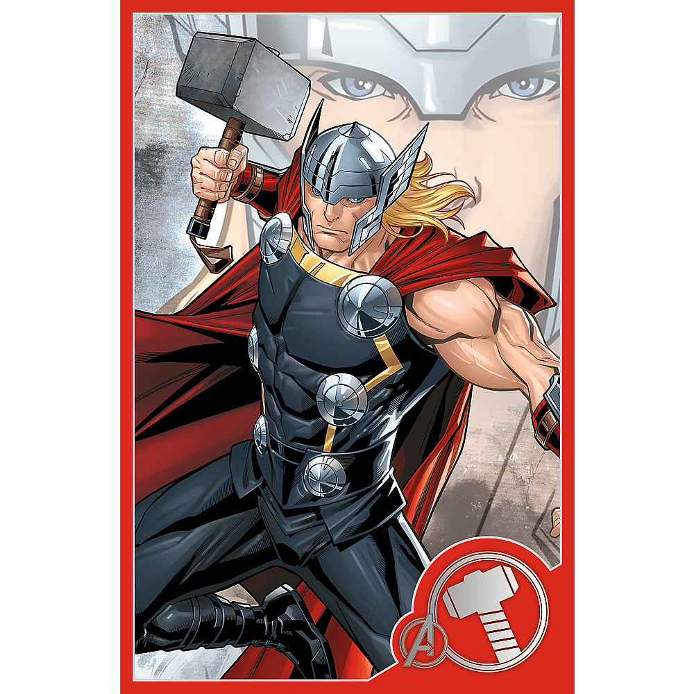 Thor, een superheld, houdt een hamer vast. Hij draagt een helm en een rode cape. Achtergrond toont Thor's gezicht. Rood kader omringt de afbeelding.