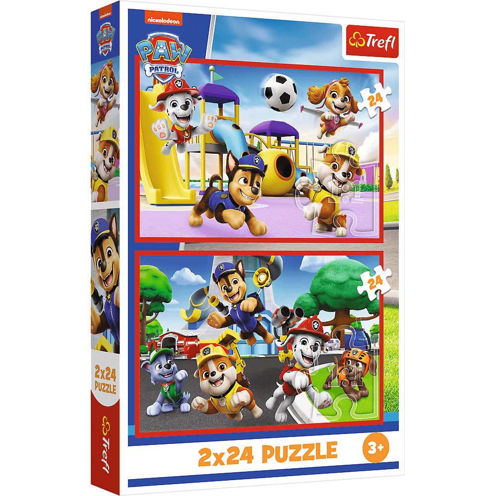 Boîte de puzzle Pat' Patrouille. En haut : chiots jouant dans un parc avec un ballon de foot. En bas : chiots en action. 2x24 puzzles.