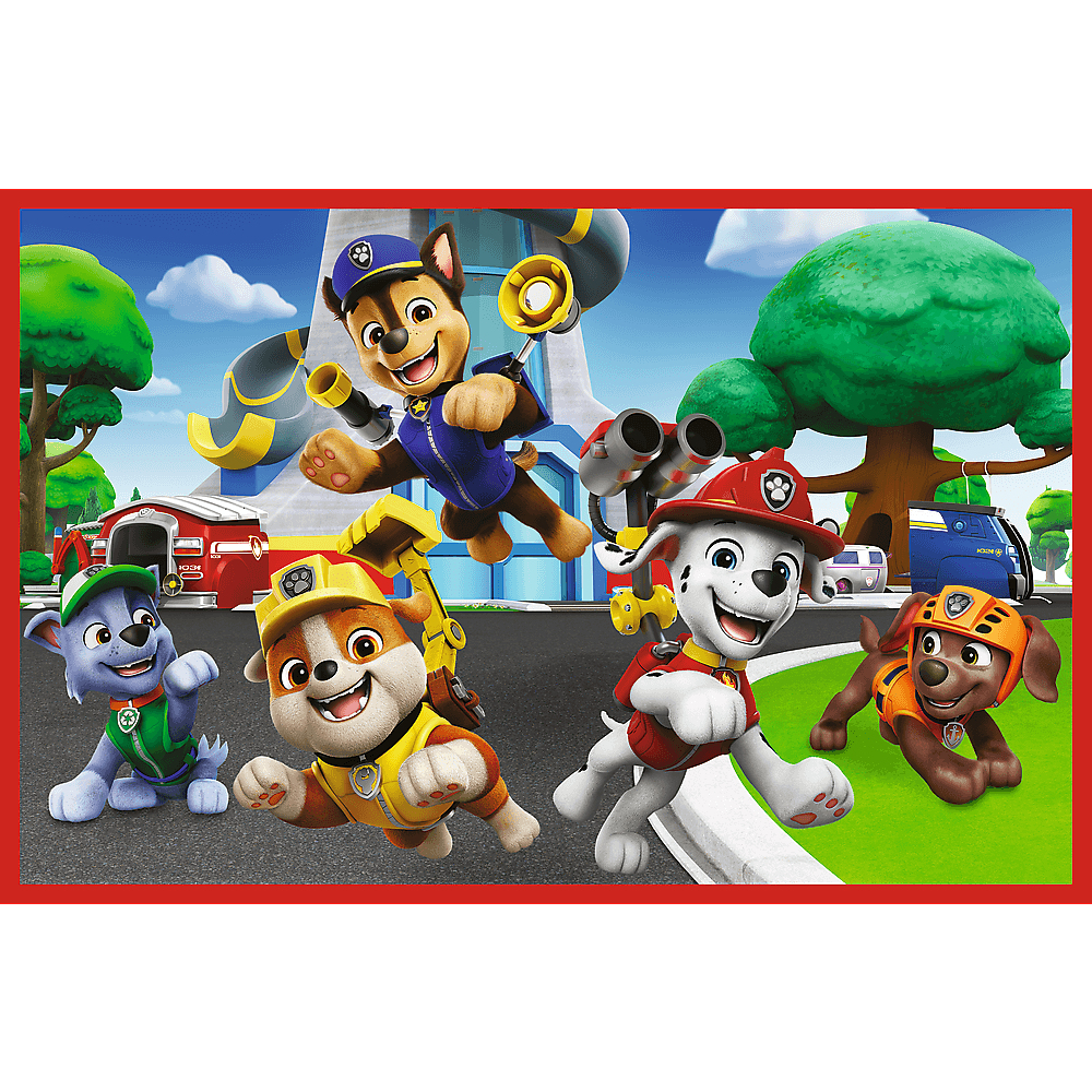 Les personnages de PAW Patrol, Chase, Marshall, Rubble, Rocky, Zuma et Skye, dans un décor de ville de dessin animé.