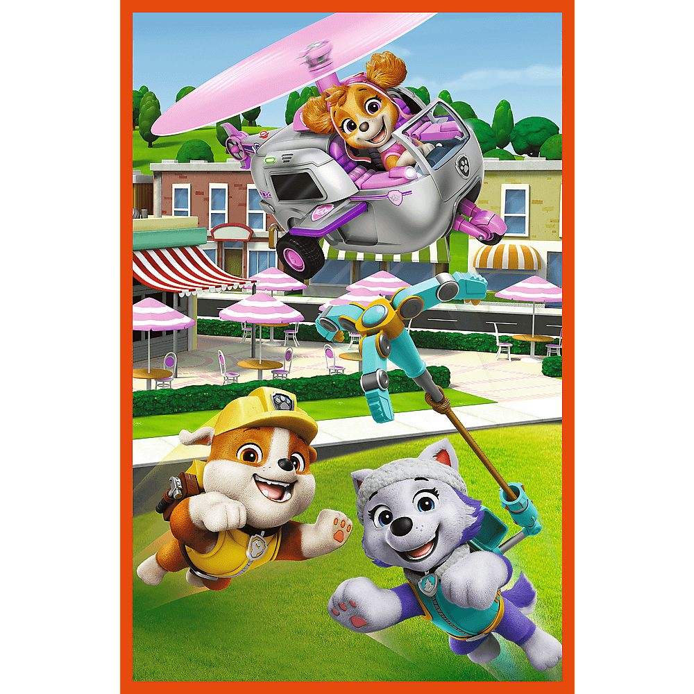 Paw Patrol-Charaktere in Aktion. Skye fliegt einen Hubschrauber, Rubble und Everest rennen. Gebäude und ein Park sind im Hintergrund.