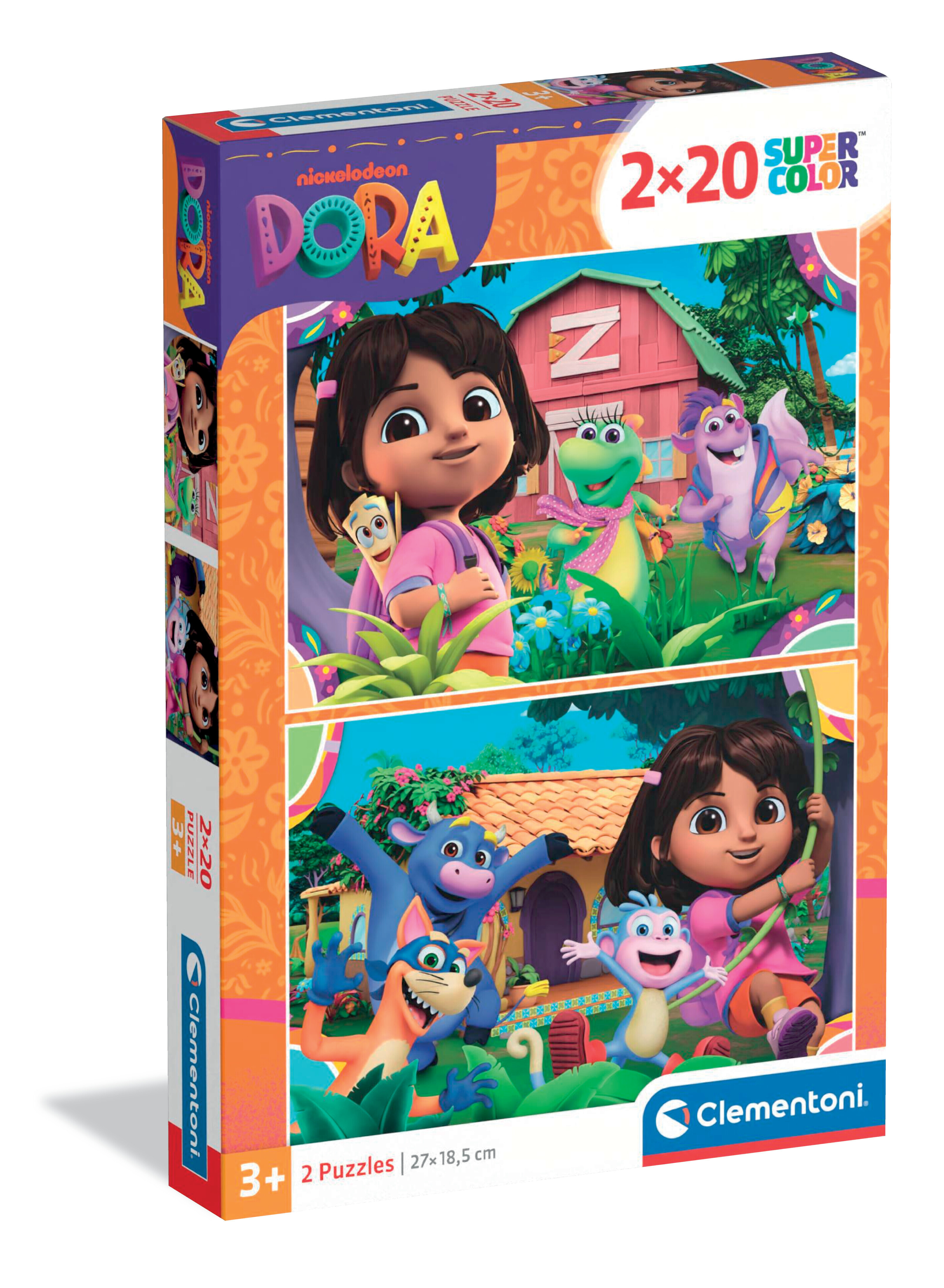 Pudełko z puzzlami Dory z Dorą i przyjaciółmi. Zawiera zielonego smoka, niebieskiego byka, lisa i małpę.