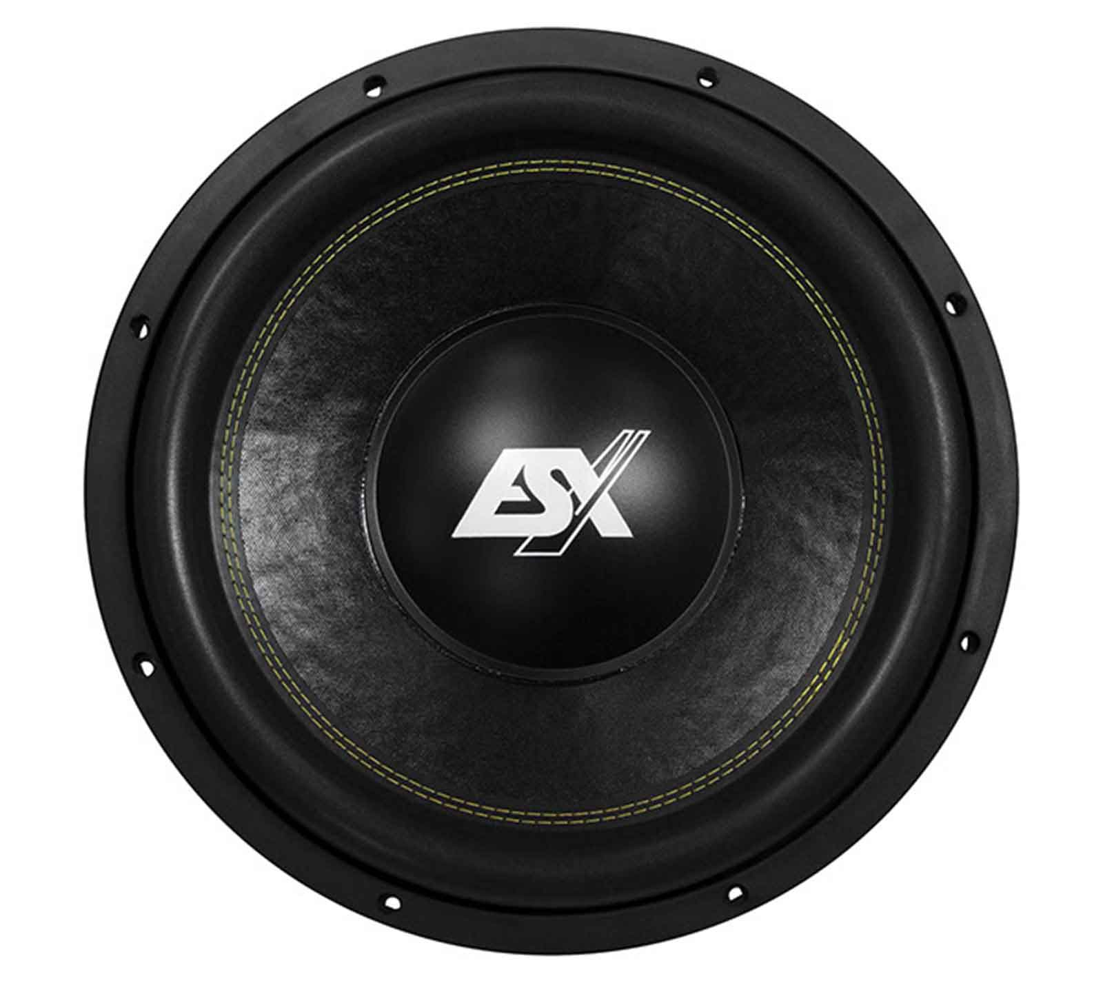 Ein schwarzer Subwoofer mit einem gelb genähten Ring. Die Mitte hat die weißen Buchstaben 'ASX'. Der Außenring hat Schraubenlöcher.