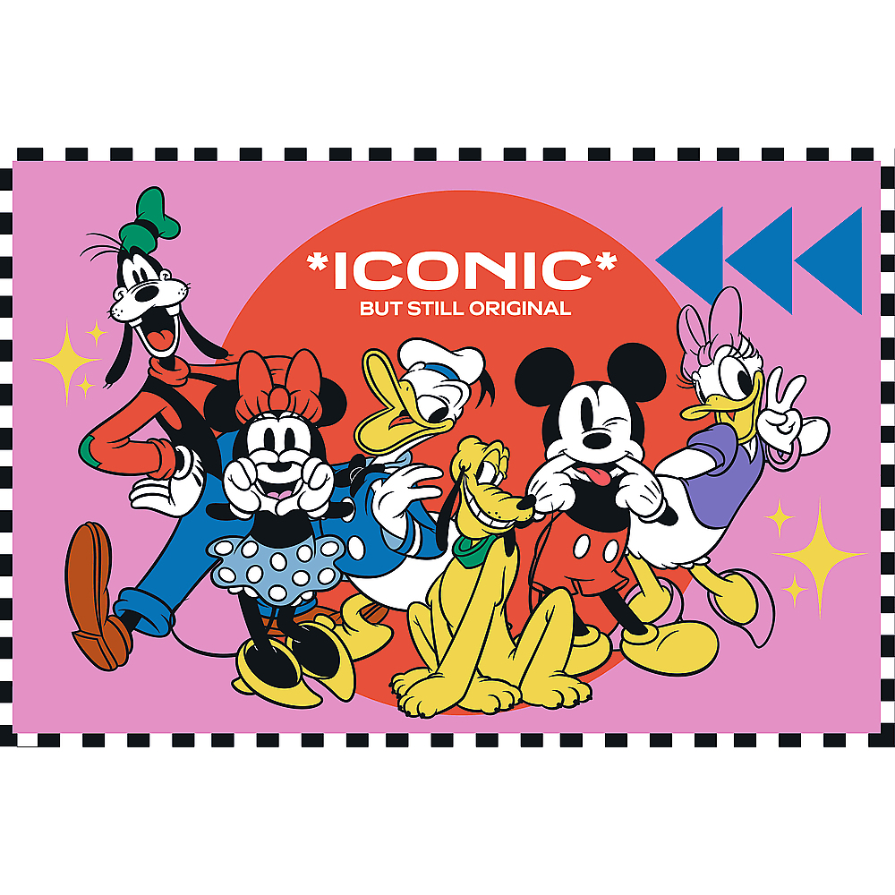 Personnages Disney : Mickey, Minnie, Donald, Daisy, Pluto et Dingo, sur fond rose avec cercle rouge et texte *ICONIC*.
