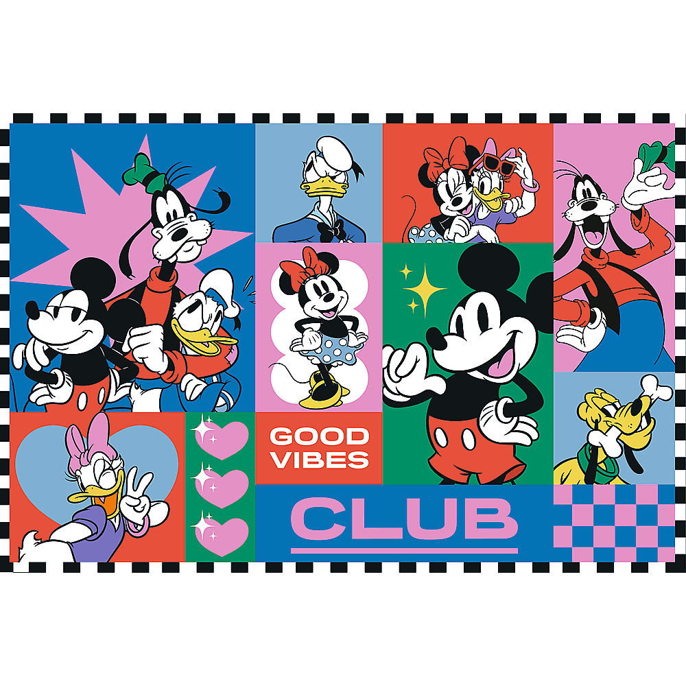 Un collage Disney coloré avec Mickey, Minnie, Donald, Daisy, Dingo et Pluto. Texte : 'Good Vibes Club'.