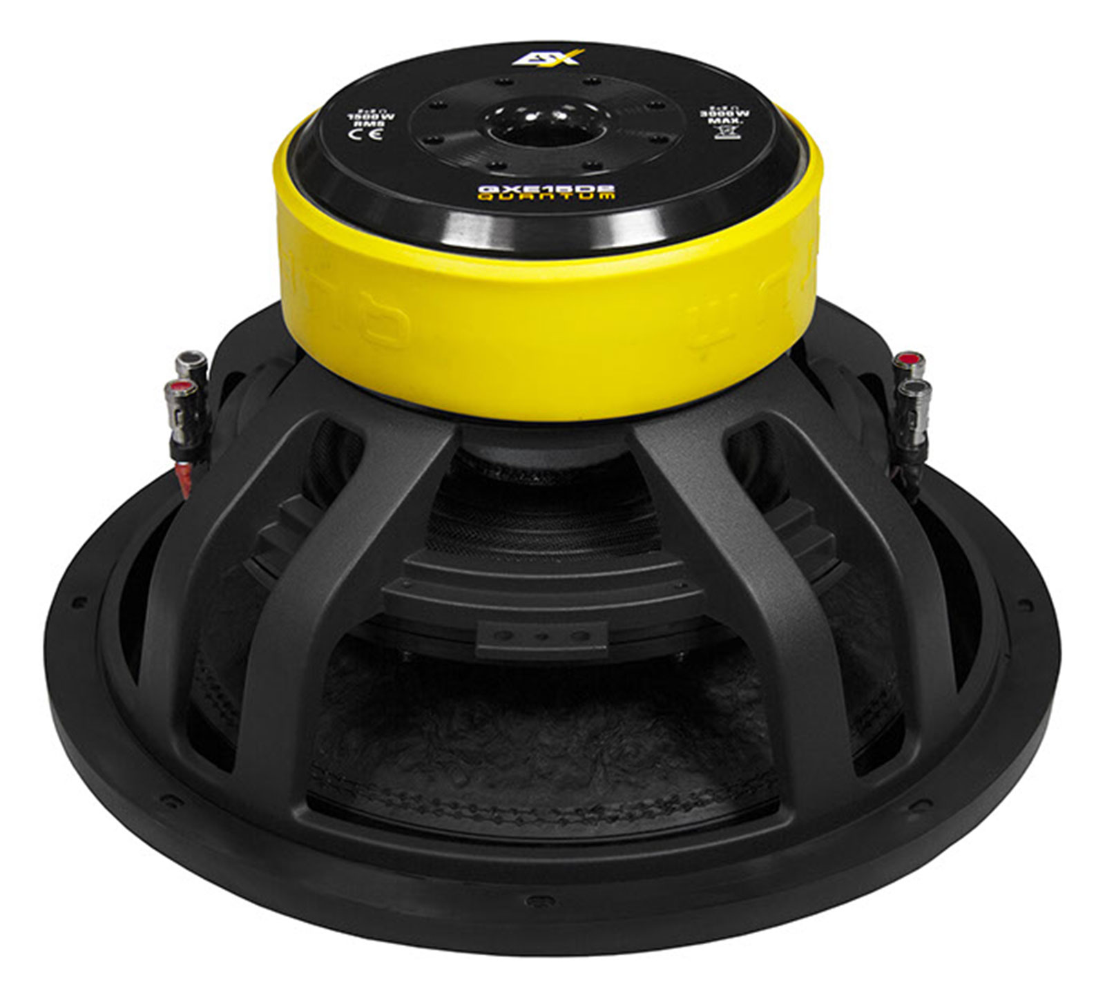 Ein großer schwarzer Subwoofer mit gelbem Mittelteil. Er hat eine schwarze Oberseite mit weißem Text und eine schwarze Basis.