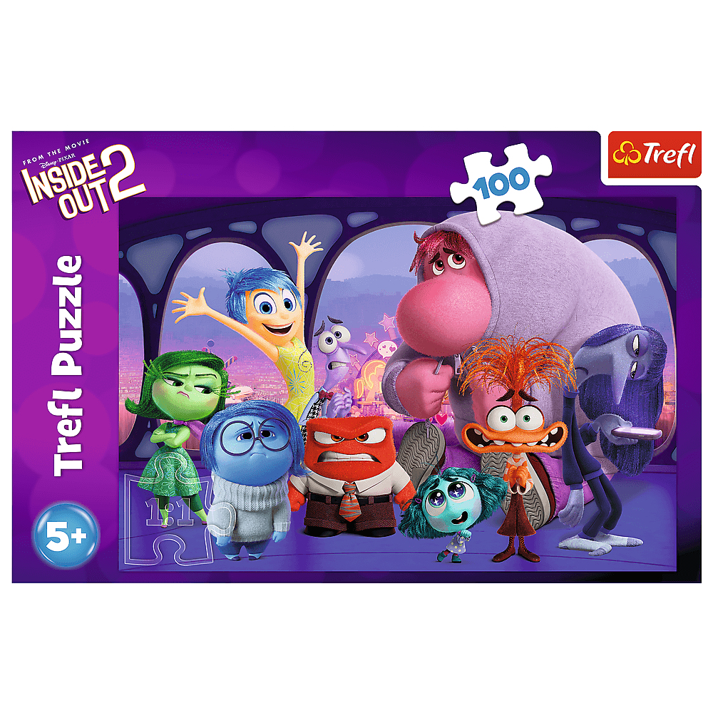 Puzzle Inside Out 2. Personnages Joie, Tristesse, Colère, Dégoût, Peur et autres sur fond violet. Puzzle de 100 pièces.