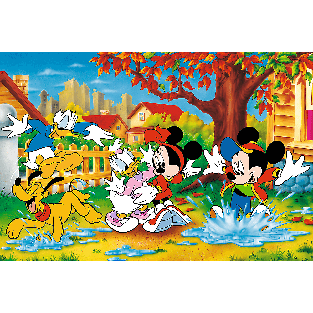 Mickey und seine Freunde spielen in Pfützen. Donald Duck, Pluto, Daisy, Minnie und Mickey Maus planschen vergnügt im Wasser.