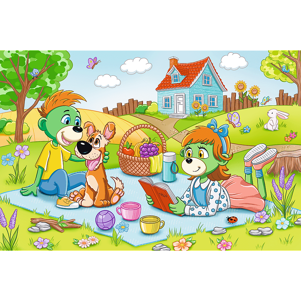 Scène de dessin animé : ours, chien, panier de pique-nique, maison. Un ours lit, d'autres caressent le chien. Fleurs et papillons.