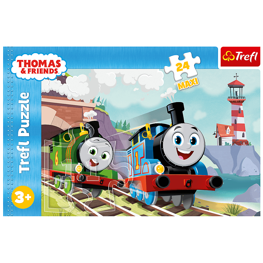 Puzzle Thomas & Friends. Dwa pociągi, Percy i Thomas, na torach, latarnia morska w tle. Puzzle dla dzieci w wieku 3+.