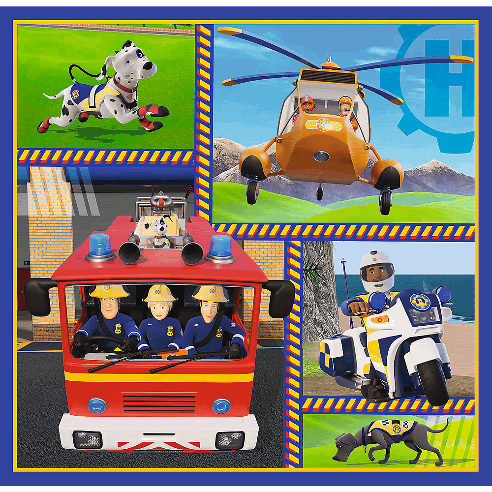 Eine Cartoon-Illustration mit Rettungsfahrzeugen und -figuren, darunter ein Feuerwehrauto, ein Hubschrauber, ein Motorrad und Hunde.