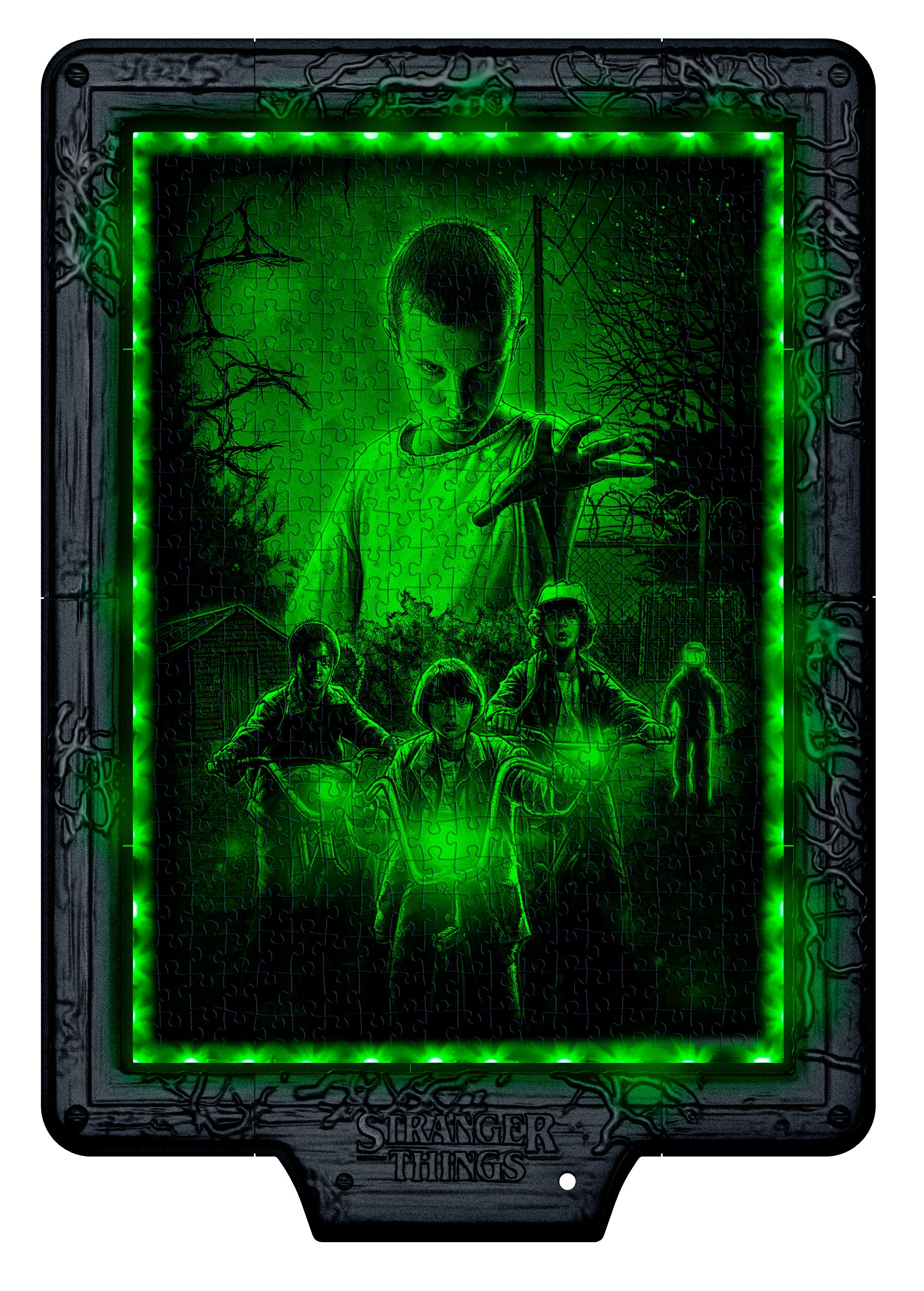 Ein grün getöntes Puzzle mit Stranger Things-Charakteren. Ein Junge greift, andere auf Fahrrädern und eine leuchtende Figur.