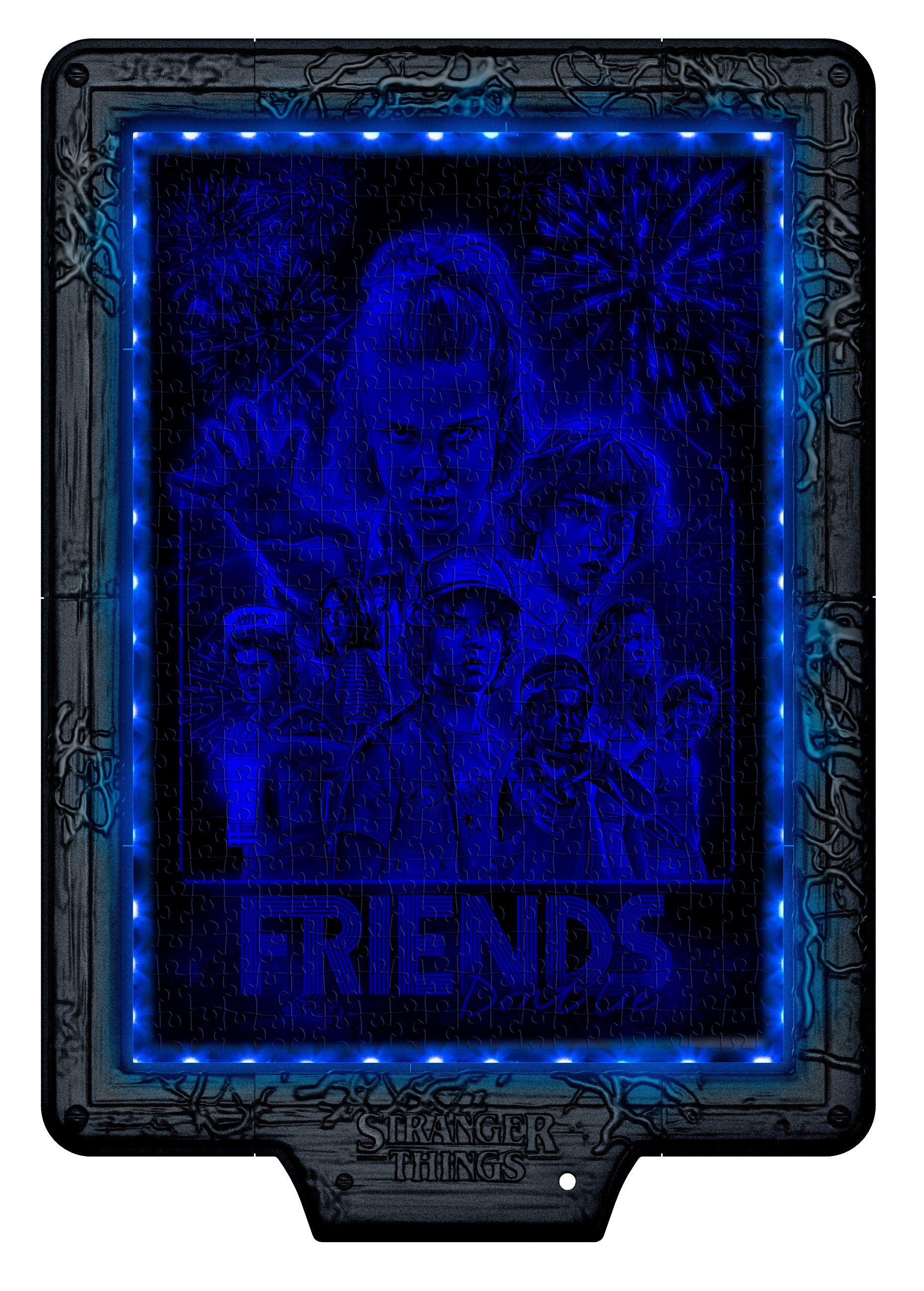 Blaues Stranger Things-Puzzle. Bild von Charakteren, mit dem Wort FREUNDE und Stranger Things unten.