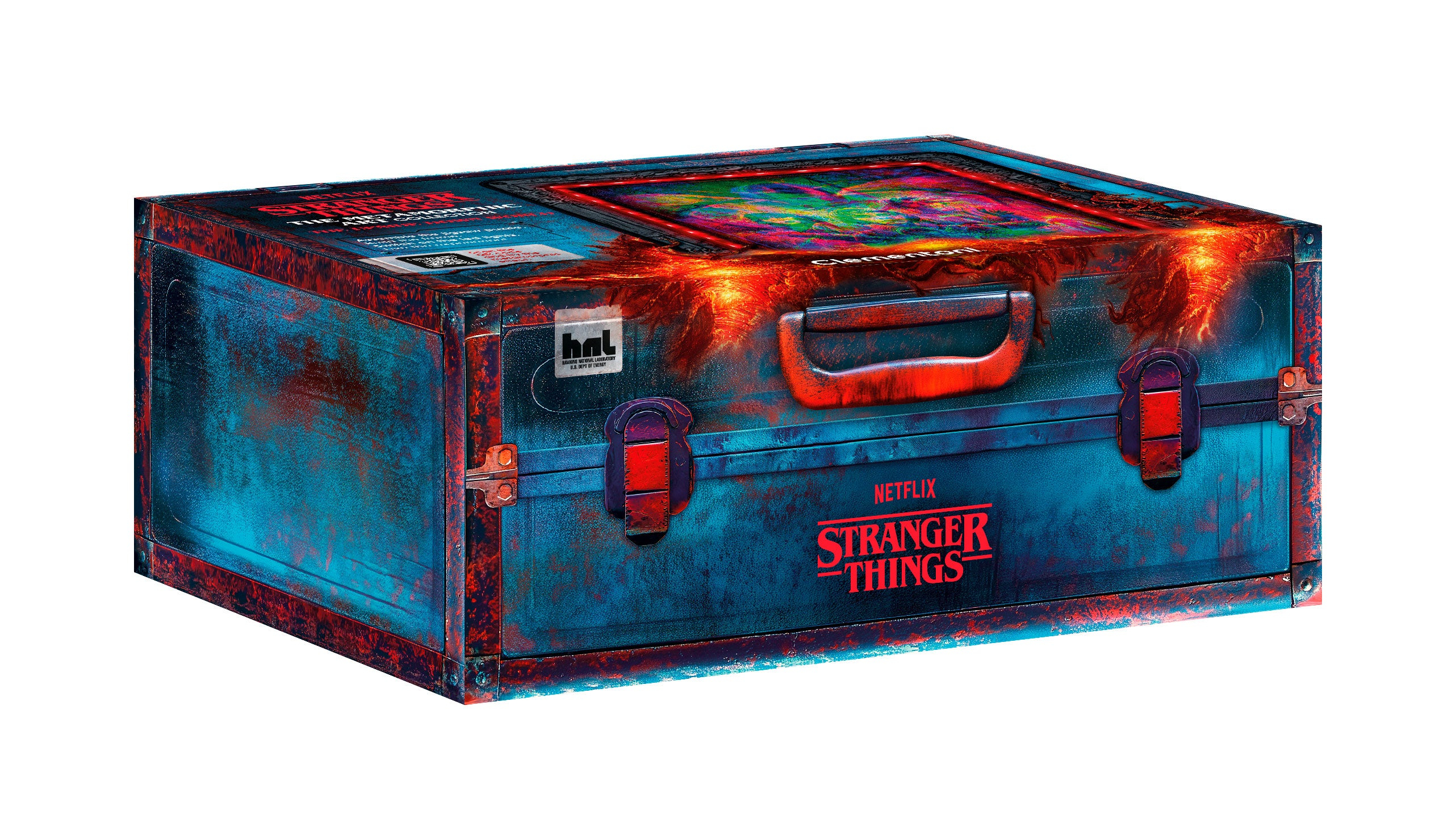 Eine blau-rote Stranger Things-Box. Sie hat einen Griff und Verschlüsse. Die Oberseite hat ein farbenfrohes Design. Netflix-Logo sichtbar.