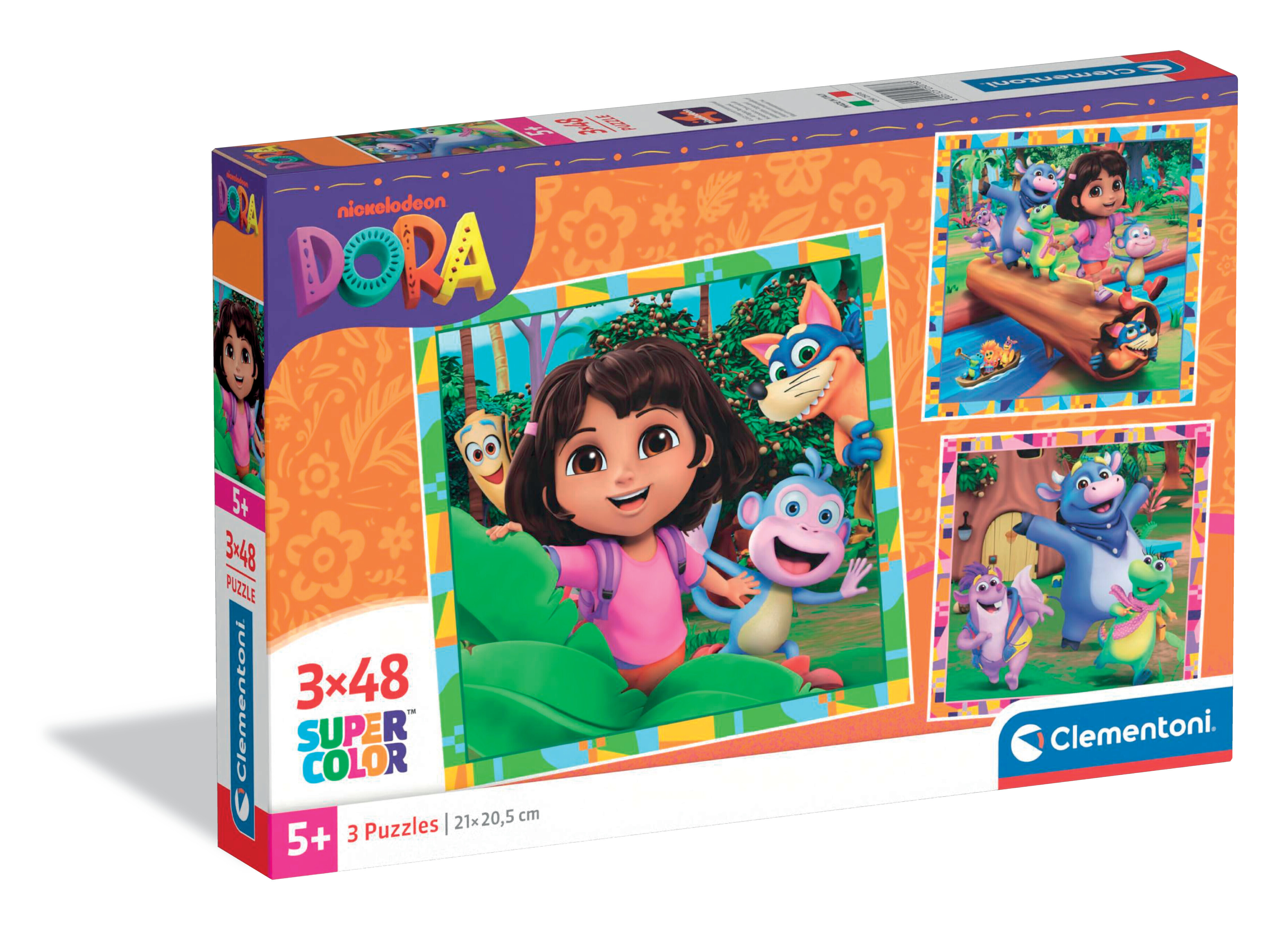Caja de rompecabezas con personajes de Dora la Exploradora. Dora, un mono y otros personajes se muestran en la caja.