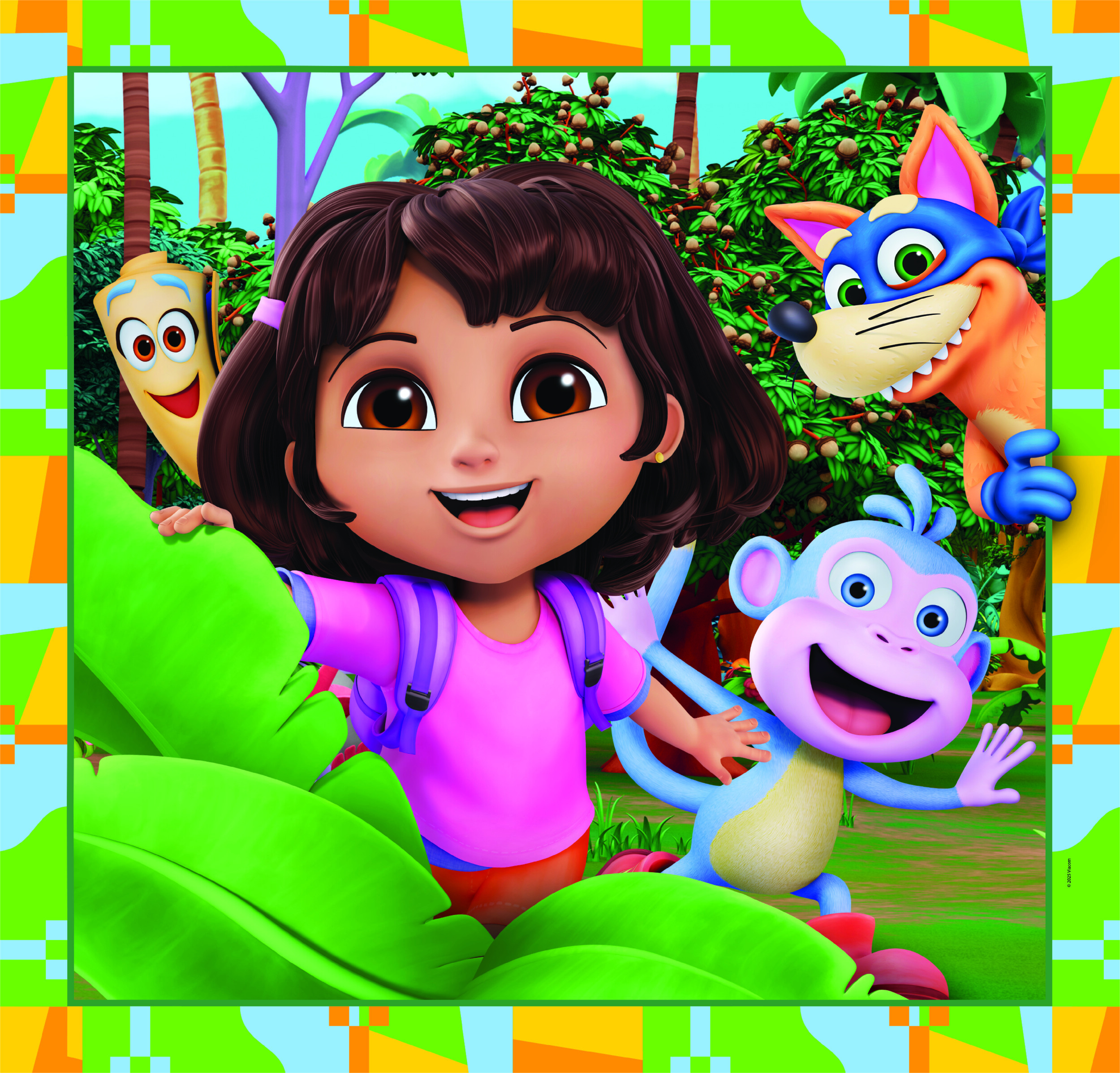Dora sonríe. Un mono, un zorro y Map están a su lado. Un fondo de jungla verde con hojas y árboles.