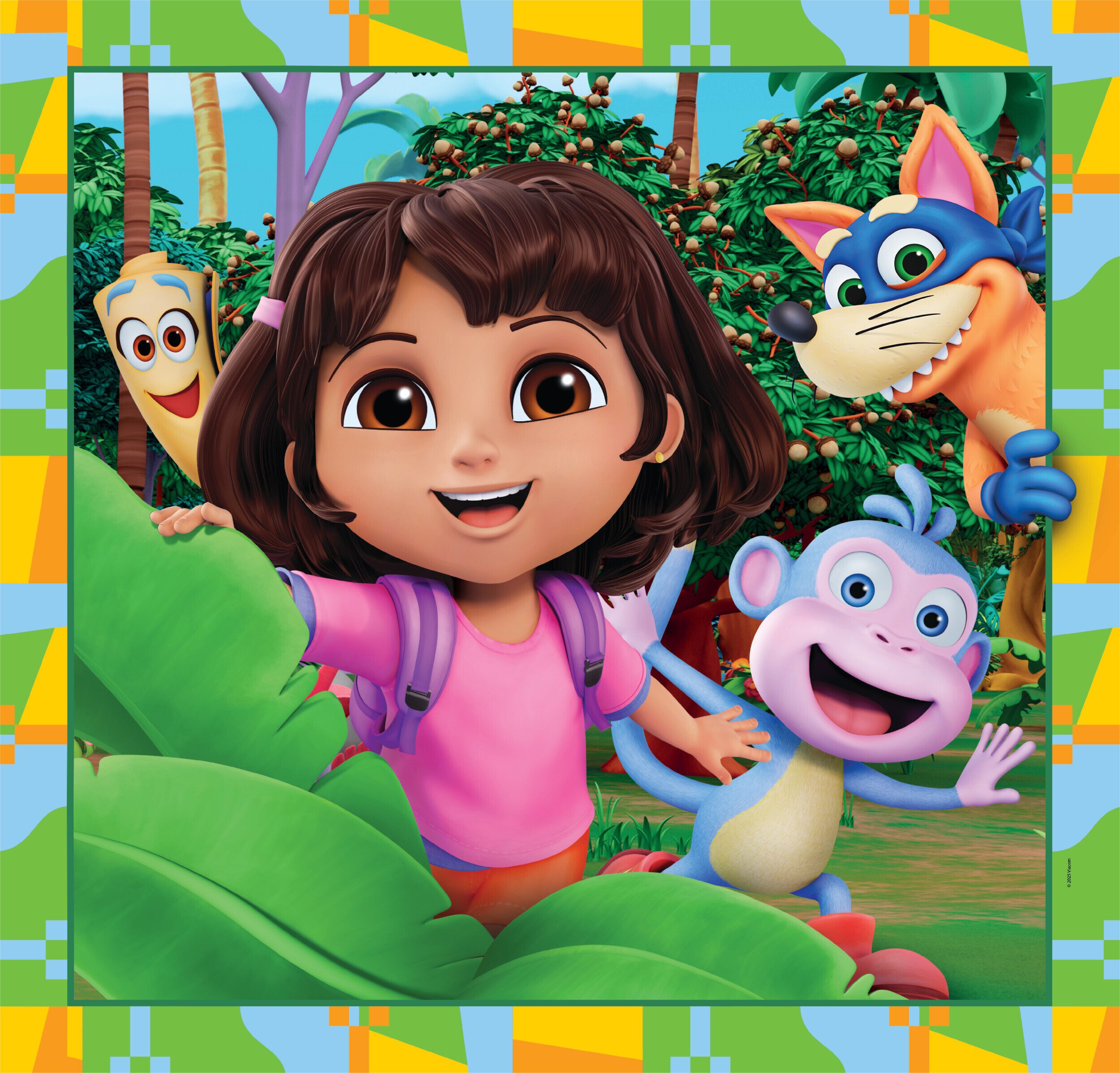 Dora y sus amigos sonriendo. Un mapa, un zorro y un mono están en el fondo, en medio del follaje.